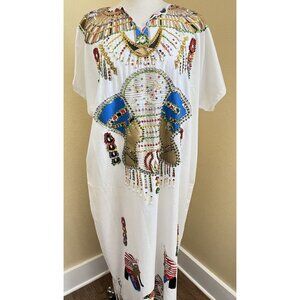 Handmade Egyptian Beaded Sequins White Kaftan Dress Costume Pyramids Medium Lg